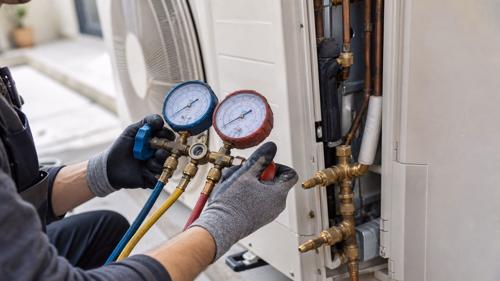Gros plan sur un manomètre et les raccords du circuit frigorifique d'une pompe à chaleur lors d'un contrôle de pression