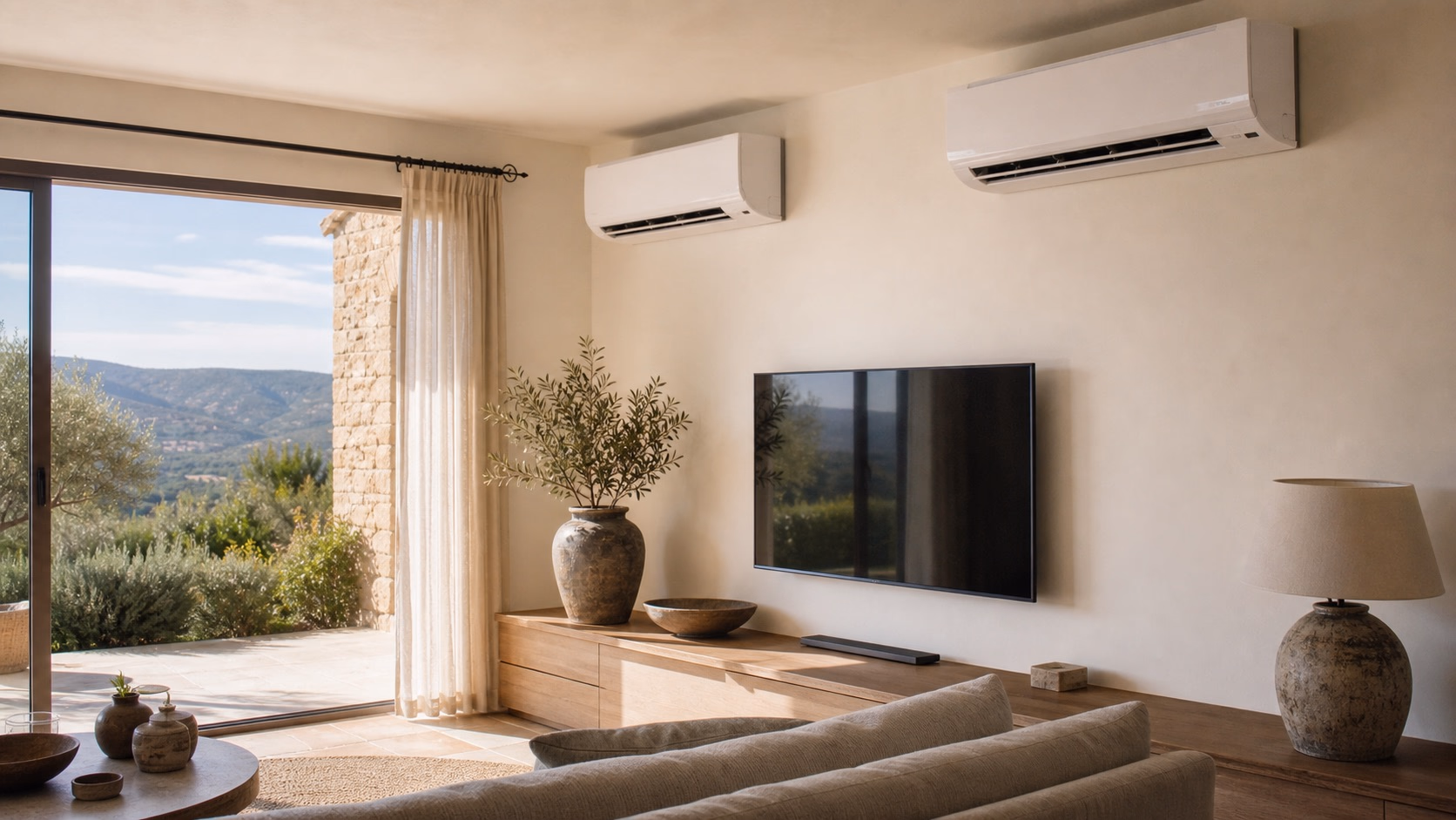 Technicien chauffagiste installant une unité extérieure de climatisation sur la façade d'une maison en pierre provençale sous un ciel bleu