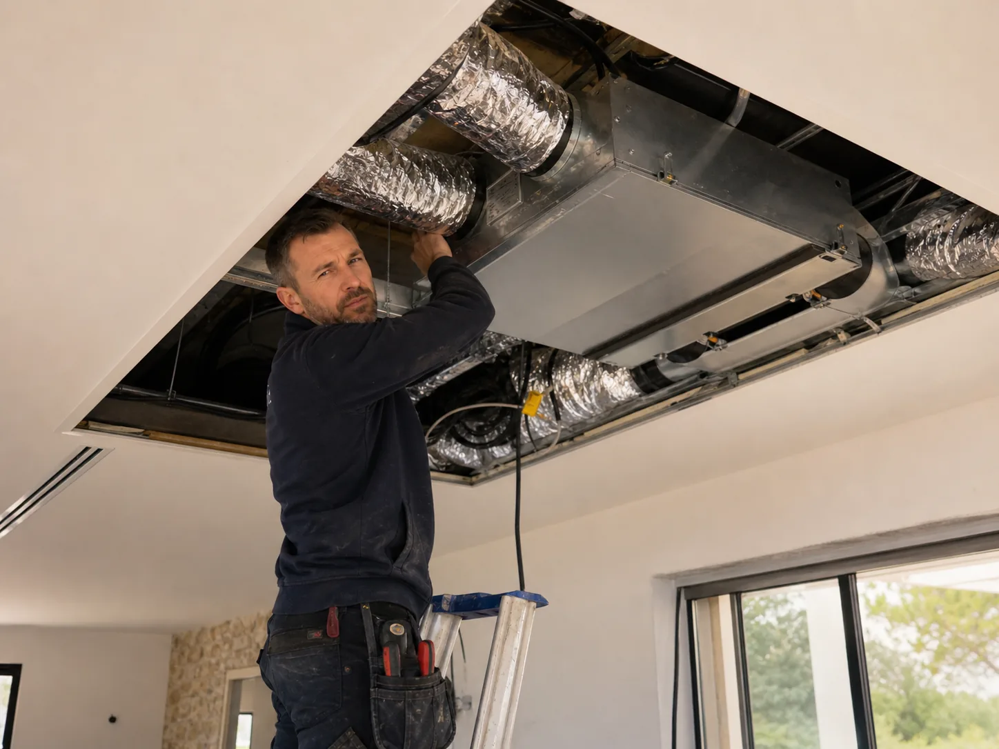 Technicien Clean Clim PACA installant une climatisation gainable dans un faux plafond