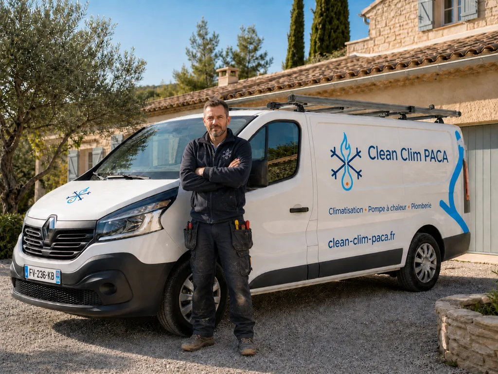 Artisan Clean Clim PACA devant son utilitaire stické aux couleurs de l'entreprise