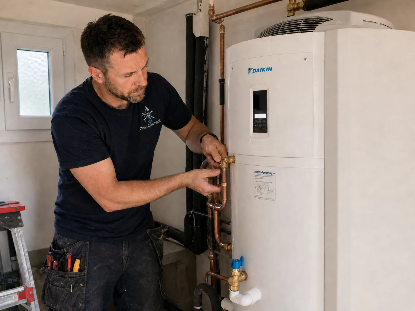 Chauffe-eau thermodynamique blanc installé dans un local technique