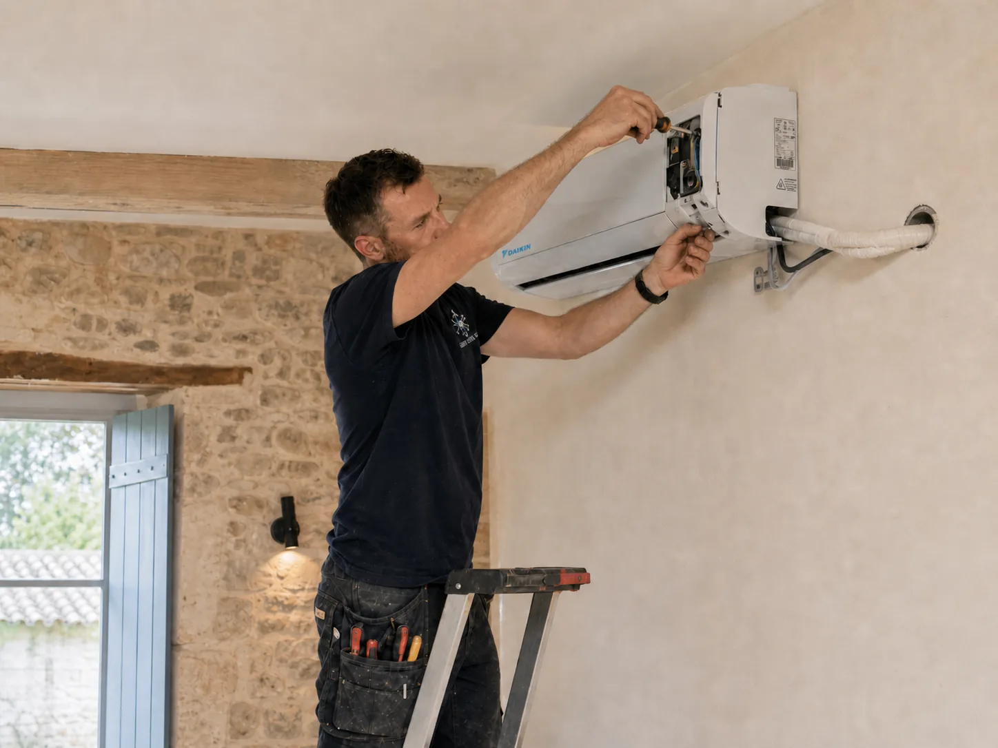 Unité intérieure de climatisation murale installée dans un salon provençal moderne