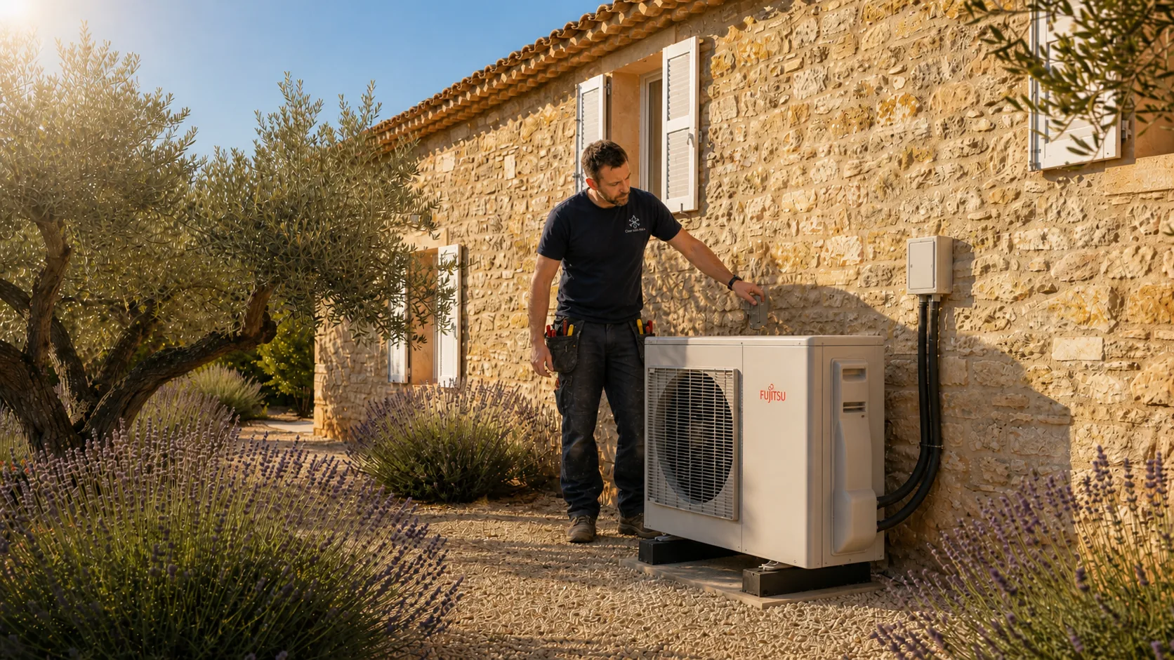 Pompe à chaleur installée à proximité d'une maison provençale
