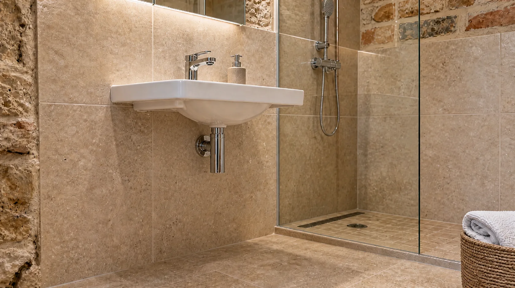 Salle de bain rénovée avec robinetterie chromée et tuyauterie cuivre