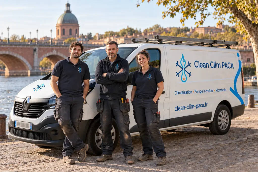 L'équipe toulousaine de Clean Clim PACA devant son utilitaire, sur les quais de la Garonne