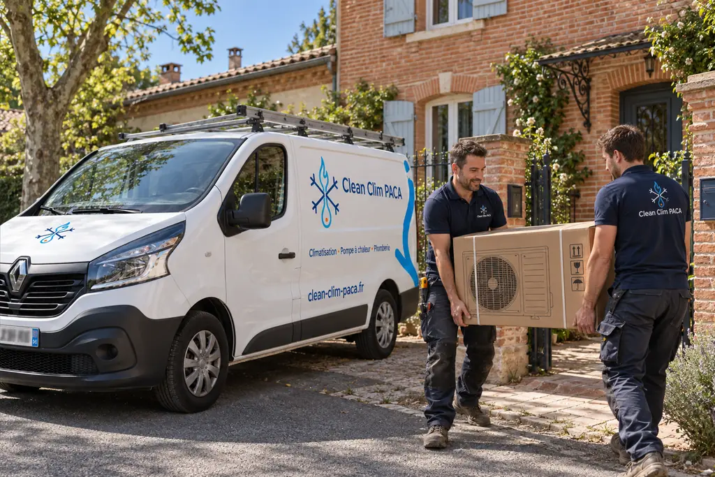 Deux techniciens Clean Clim PACA livrent une unité de climatisation devant une maison toulousaine en brique