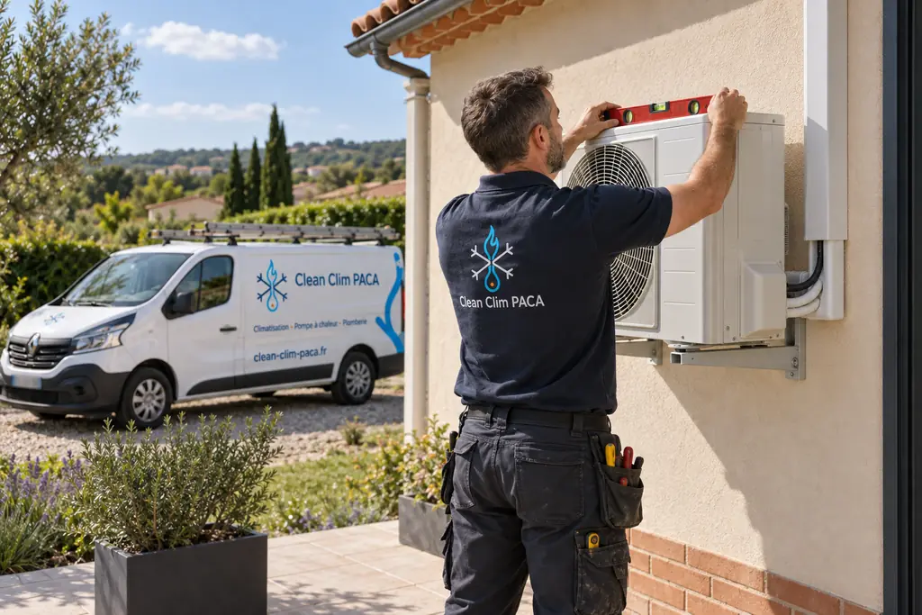 Technicien Clean Clim PACA fixant une unité extérieure de climatisation sur la terrasse d'une maison de la périphérie toulousaine